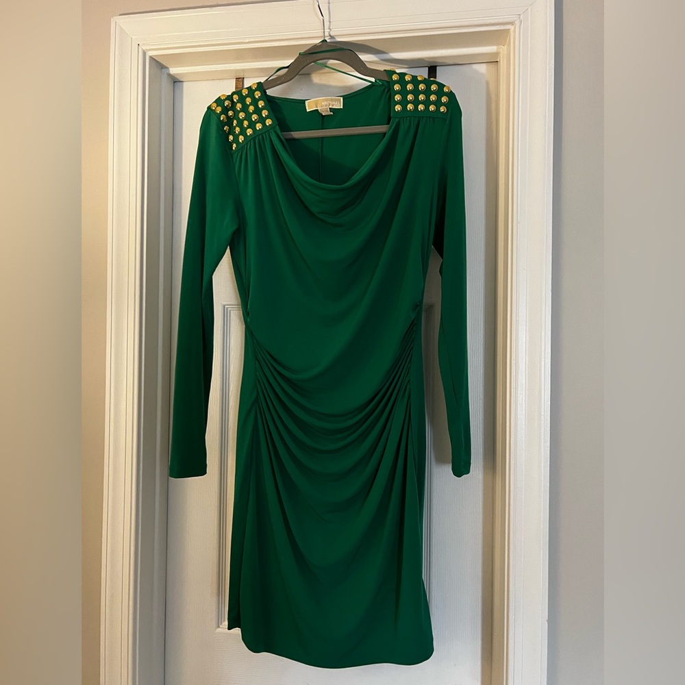 Green Michael Kors gold studded shoulder dress